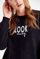 Bayan Siyah Baskılı Pamuk Sweatshirt