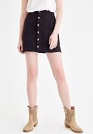 Bayan Siyah Önü Düğme Detaylı Mini Etek