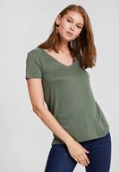 Bayan Yeşil Yumuşak Dokulu V Yaka Basic Tişört