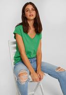 Bayan Yeşil V Yaka Kısa Kollu Pamuk Tişört