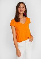 Bayan Turuncu V Yaka Kısa Kollu Pamuk Tişört