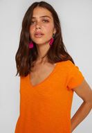 Bayan Turuncu V Yaka Kısa Kollu Pamuk Tişört