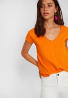 Bayan Turuncu V Yaka Kısa Kollu Pamuk Tişört