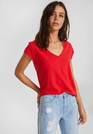 Bayan Kırmızı V Yaka Kısa Kollu Pamuk Tişört