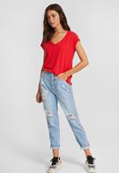 Bayan Kırmızı V Yaka Kısa Kollu Pamuk Tişört