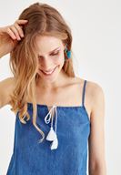 Bayan Mavi Önü Bağlama Detaylı Askılı Jean Bluz