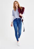 Bayan Lacivert Yüksek Bel Dar Paça Çift Düğme Detaylı Pantolon