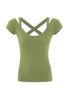 Bayan Yeşil Sırtı Biye Detaylı Tişört