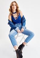 Bayan Lacivert Yakası Çapraz Biye Detaylı Atlet