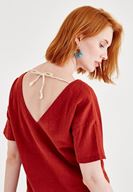 Bayan Bordo Sırt Detaylı Keten Bluz