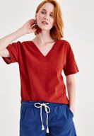 Bayan Bordo Sırt Detaylı Keten Bluz