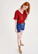 Bayan Bordo Sırt Detaylı Keten Bluz