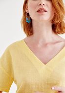 Bayan Sarı Sırt Detaylı Keten Bluz