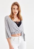 Bayan Gri Önü Kruvaze Beli Lastik Detaylı Bluz