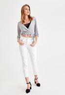 Bayan Gri Önü Kruvaze Beli Lastik Detaylı Bluz