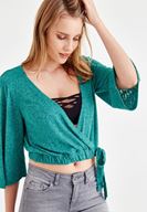 Bayan Yeşil Önü Kruvaze Beli Lastik Detaylı Bluz