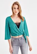 Bayan Yeşil Önü Kruvaze Beli Lastik Detaylı Bluz