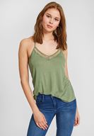 Bayan Yeşil Dantel Detaylı Keten Bluz