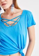 Bayan Mavi Çapraz Biye Detaylı Tişört ( MODAL )