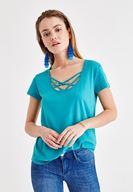 Bayan Yeşil Çapraz Biye Detaylı Tişört ( MODAL )