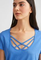 Bayan Mavi Çapraz Biye Detaylı Tişört ( MODAL )