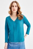 Bayan Mavi V Yaka Detaylı Bluz