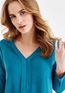 Bayan Mavi V Yaka Detaylı Bluz
