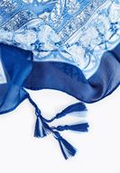 Bayan Lacivert Karışık Desenli Püskül Detaylı Uzun Şal