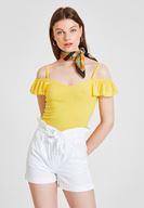 Bayan Sarı Omuzları Fırfırlı İnce Askılı Bluz