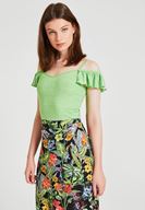 Bayan Yeşil Omuzları Fırfırlı İnce Askılı Bluz