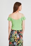 Bayan Yeşil Omuzları Fırfırlı İnce Askılı Bluz