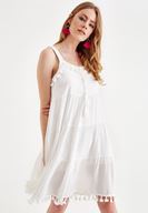 Bayan Krem Püskül Detaylı Elbise