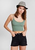 Bayan Yeşil Dokulu Crop Bluz