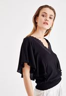 Bayan Siyah Beli Lastikli Kol Detaylı Bluz 