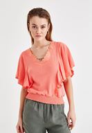 Bayan Kırmızı Beli Lastikli Kol Detaylı Bluz 