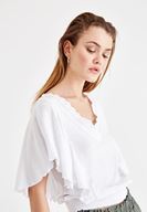 Bayan Beyaz Beli Lastikli Kol Detaylı Bluz 