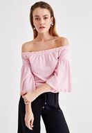 Bayan Pembe Lastikli Düşük Omuz Bluz