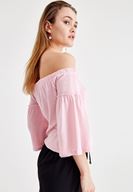 Bayan Pembe Lastikli Düşük Omuz Bluz