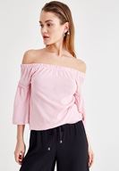 Bayan Pembe Lastikli Düşük Omuz Bluz