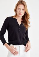 Bayan Siyah Önü Düğme Detaylı Pamuk Gömlek