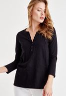 Bayan Siyah Önü Düğme Detaylı Pamuk Gömlek