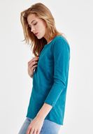 Bayan Mavi Önü Düğme Detaylı Pamuk Gömlek