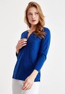 Bayan Lacivert Önü Düğme Detaylı Pamuk Gömlek