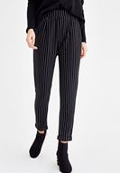 Bayan Siyah/Beyaz Çizgili Cepli Boru Paça Pantolon
