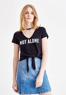 Bayan Siyah Slogan Baskılı V Yaka Tişört