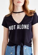 Bayan Siyah Slogan Baskılı V Yaka Tişört