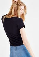 Bayan Siyah Slogan Baskılı V Yaka Tişört