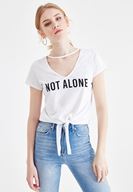 Bayan Beyaz Slogan Baskılı V Yaka Tişört