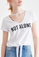 Bayan Beyaz Slogan Baskılı V Yaka Tişört