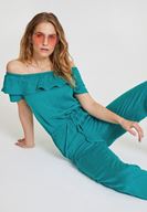 Bayan Yeşil Düşük Omuzlu Tulum